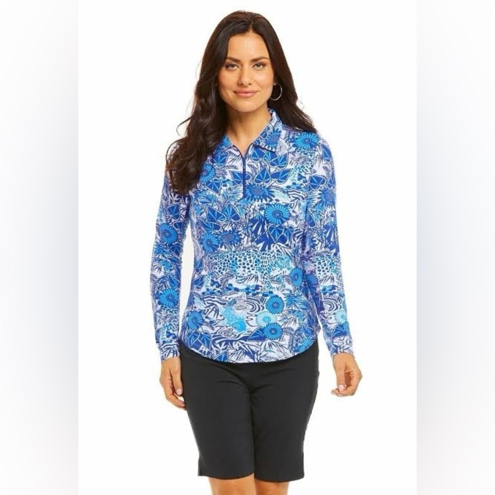 IBKUL BAMBOO GARDEN BLUE Long Sleeve Mock neck Golf Shirt Koi Fish Zip outdoor